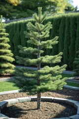 realistic young pine tree with compact round dense decorative form in garden landscaping design