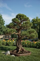 ornamental pine in bonsai style with expressive trunk and compact graceful shape