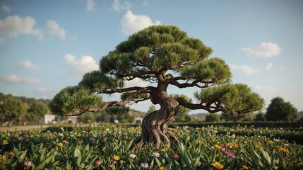 realistic bonsai inspired pine with short limbs and artistic natural garden background