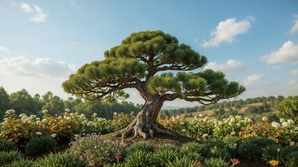 decorative pine tree with bonsai form and detailed textured trunk for landscaping projects