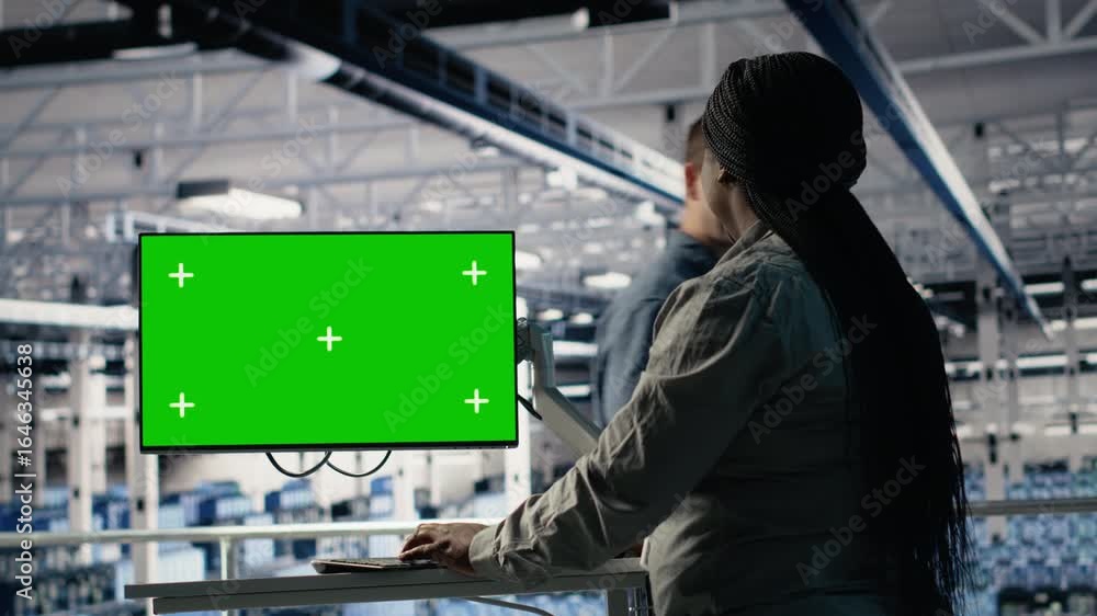 Poster software developer in server hub using chroma key workstation to scan equipment for issues. african 