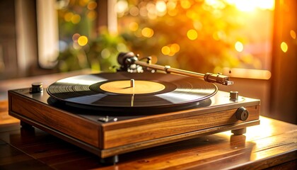 Obraz premium Vinyl Record Player with Sunset Glow.