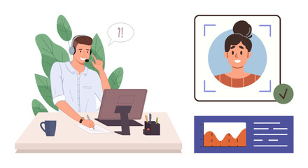 Customer service agent in headset talking, profile verification with facial recognition, and data charts. Ideal for tech support, identity verification, remote work, telecommunication, business