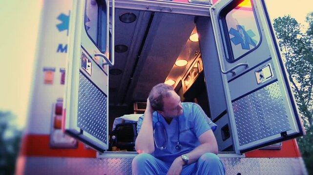  Exhausted Medical Worker Resting on Ambulance