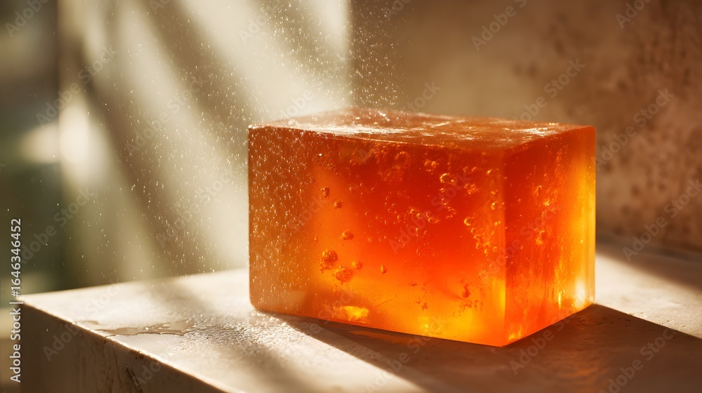 Poster amber cube-shaped object with effervescent details.