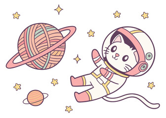 A Cat's Cosmic Journey: An adorable cartoon cat, decked out in a retro astronaut suit, floats weightlessly in the vastness of space alongside whimsical planets and sparkling stars.