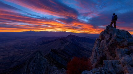 A hiker stands on a mountain peak at sunrise.