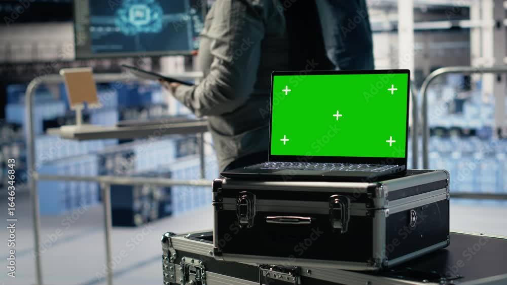 Poster close up of isolated screen laptop in front of data center programmers improving ai rigs processing 