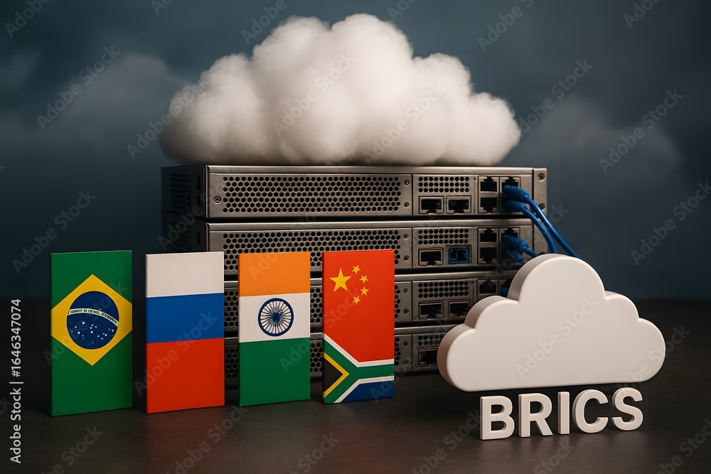 Poster cloud computing concept using brics countries flags and a server rack.
