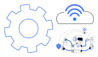 Gear, cloud with wireless signals, robot performing tasks with connected tools. Ideal for automation, AI, cloud technology, networking, robotics innovation teamwork. Simple flat metaphor