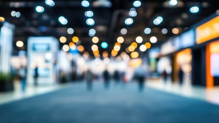 Exhibition Hall's Ambient Blur: A captivating bokeh view captures the vibrant atmosphere of an exhibition hall, where blurred lights create a dynamic backdrop for a scene of anonymous attendees.