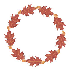 Round frame with red oak and yellow autumn leaves. Fall time Cartoon vector isolated illustration on white background. 