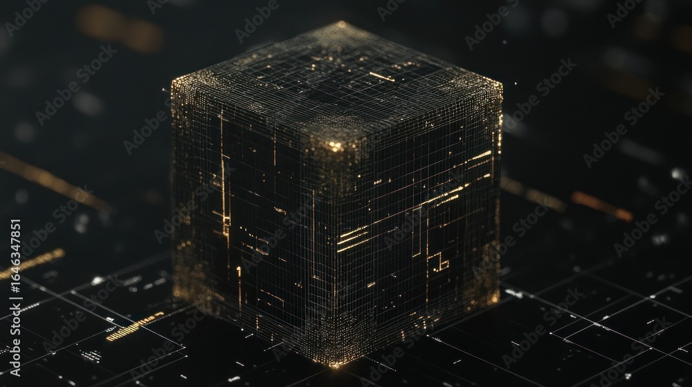Poster complex golden glowing cube structure representing high technology concept modern tech