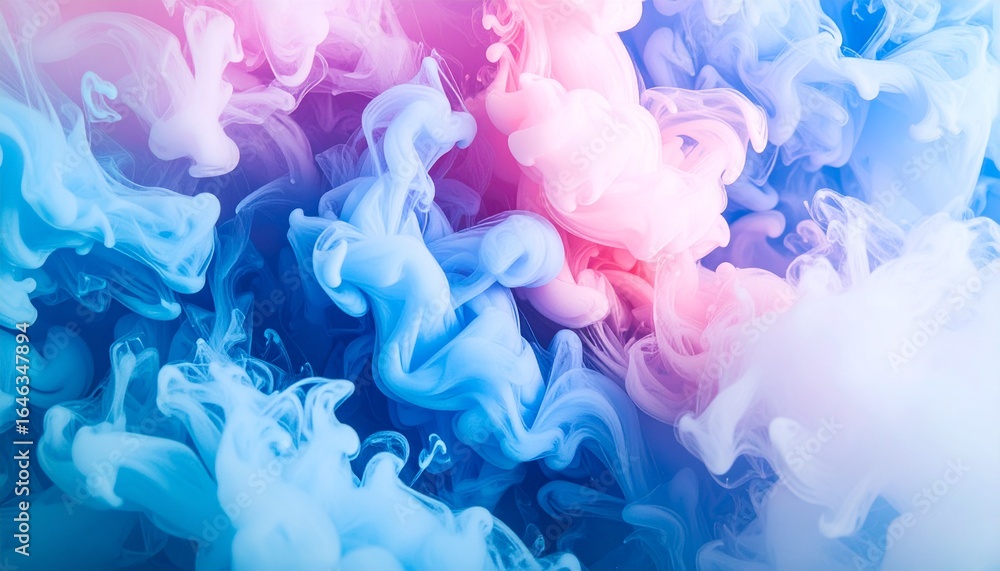 Poster ethereal swirls of blue and pink ink blend seamlessly in water, creating a mesmerizing and dreamlike