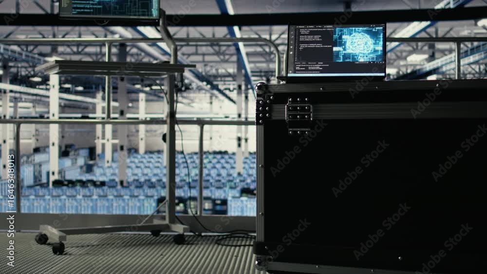 Poster ai coding script running on laptop managing server farm mainframes powering networks. artificial int