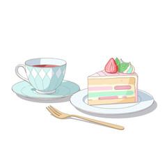 Indulge in a delightful tea time treat with a vibrant slice of rainbow cake topped with a fresh strawberry, a moment of sweet bliss and relaxation with artistic charm