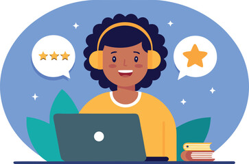 Online customer support service with woman, laptop, headphones, and feedback rating stars