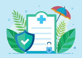 Health insurance policy document with shield, umbrella, and plants for protection and security