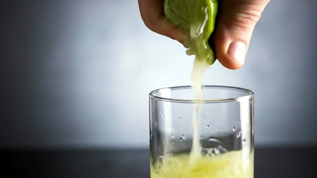 Squeezing a lime into a glass of juice, creating a refreshing drink.