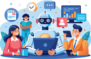 A robot is collaborating with a team in a business setting, using technology and data analysis