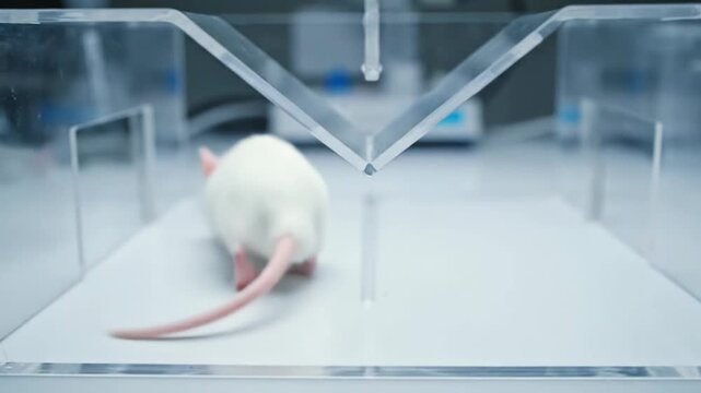 White Mouse Walking in Clear Maze During Scientific Experiment