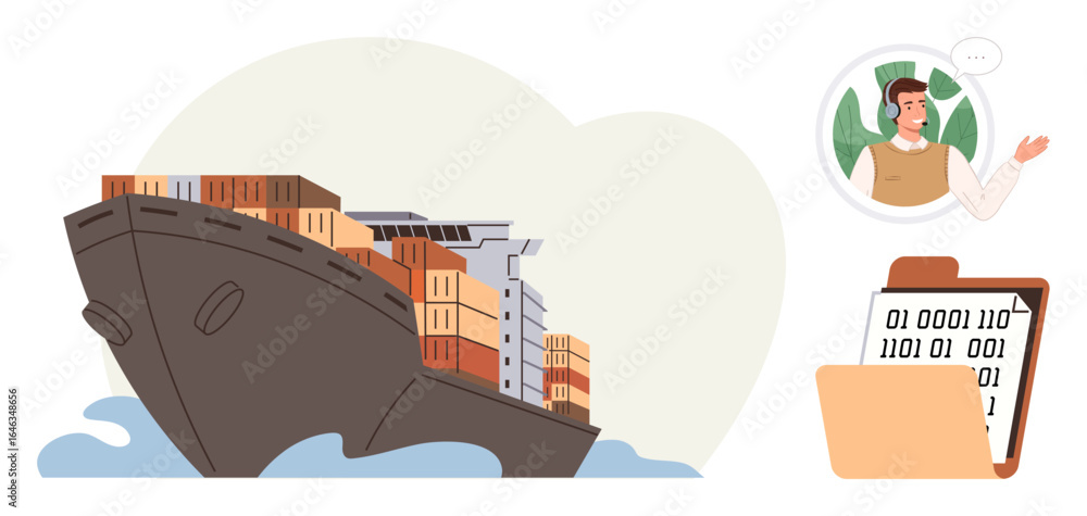 Aufkleber cargo ship with containers on waves, digital tablet showing binary data, person communicating remote
