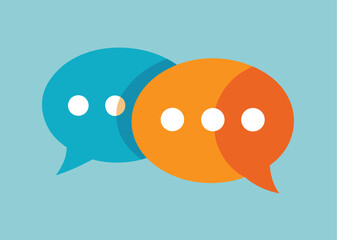 Two overlapping speech bubbles, one blue and one orange, representing communication and conversation