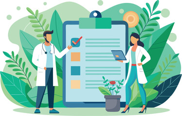 Two doctors are reviewing a patients medical check list, ensuring proper healthcare and treatment