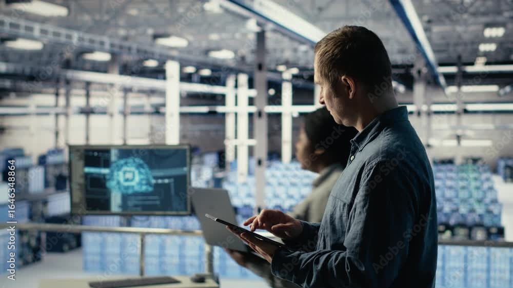 Poster data center technician monitors machine learning process with tablet, reviewing operational metrics.