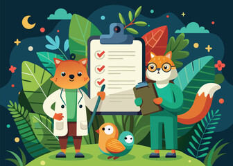 Two fox veterinarians are checking up on a bird with a checklist in a nature setting