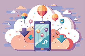 Cloud data transfer with mobile phone, balloons, and arrows isolated on white background