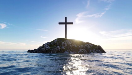 Cross on Island with Ocean Sunset.