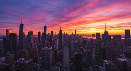 Fototapeta premium NYC skyline at sunset with vibrant sky