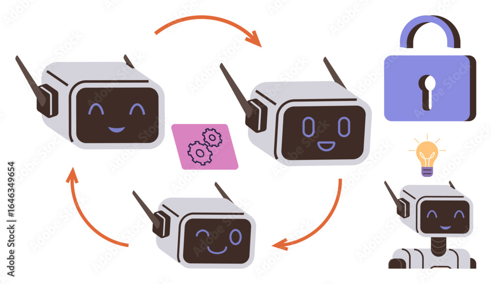Poster robots in a circular process with a gear representing teamwork, a lock for security, and a light bul