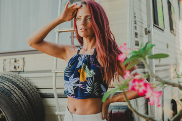A woman in a tropical place