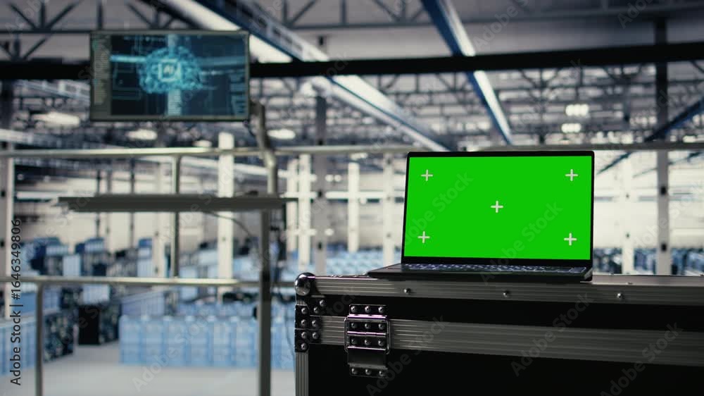 Poster mockup laptop in server room with machine learning technology detecting data patterns. isolated scre