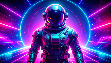 Astronaut surrounded by flashing neon lights.