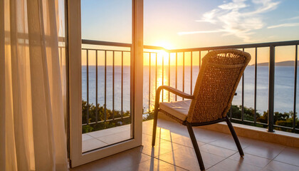 Beautiful Sea View Terrace Window at Sunset.
