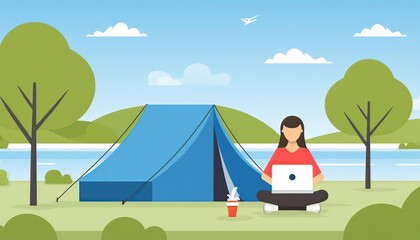  woman working on laptop near tent at camping near the river. vector illustration 