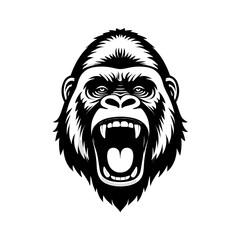 Illustration of a gorilla head with an open mouth and visible teeth in a graphic style art form