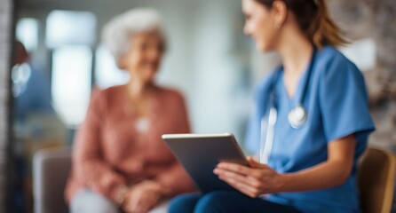 A female doctor is using a tablet while sitting with a patient in a clinic The focus is blurred to emphasize the interaction between the healthcare professional and the elderly female Generative AI