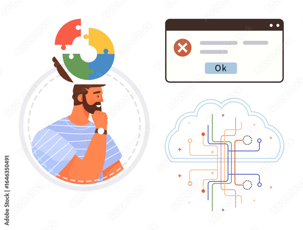 Poster bearded man pondering with puzzle piece head, error pop-up window, and tech cloud with circuits. ide