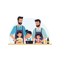 Fototapeta premium Two loving dads and daughters cooking together in the kitchen, creating precious family memories and sharing the joy of homemade food, perfect for heartwarming lifestyle content