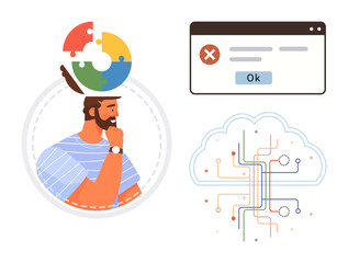 Bearded man pondering with puzzle piece head, error pop-up window, and tech cloud with circuits. Ideal for problem-solving, decision-making, technology, error solutions, innovation, cloud computing