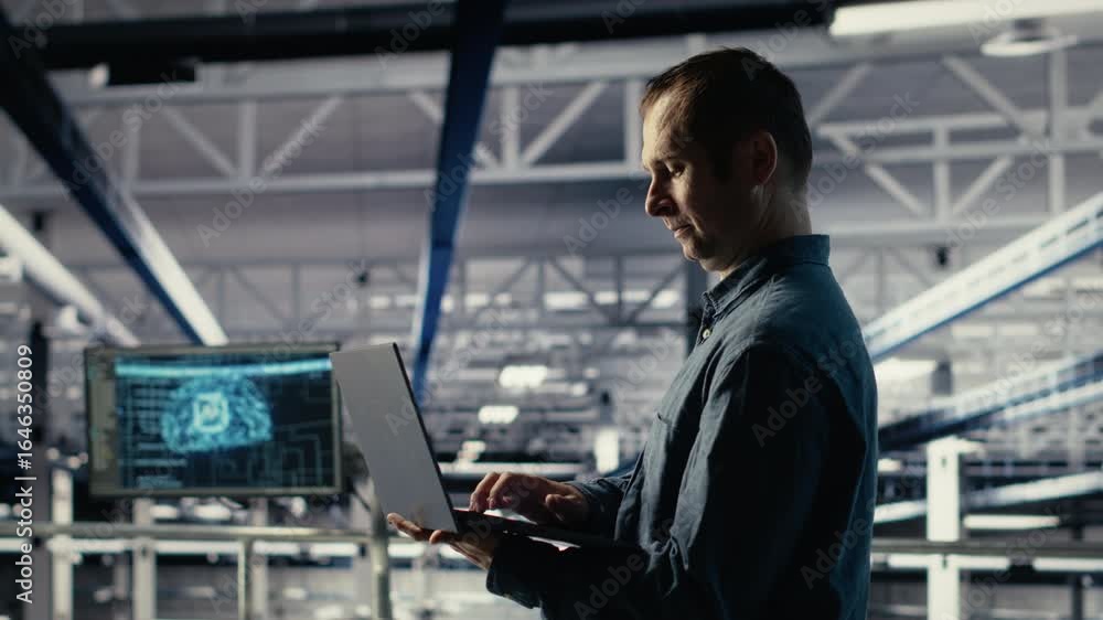 Poster data center admin on industrial platform checks ai dashboard using laptop. man in server farm tests 