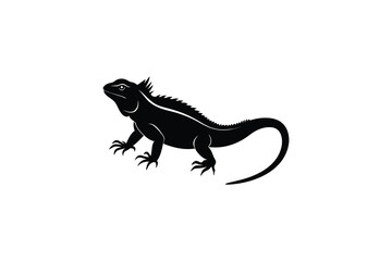 Fototapeta premium Black silhouette of an iguana lizard on a white background with detailed spiky back and long tail