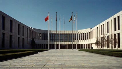 Formal view of a modernist government building with a symmetrical facade, flagpoles, and a paved plaza under a clear sky