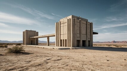 Isolated brutalist concrete military bunker in a vast, arid desert landscape under a wide sky
