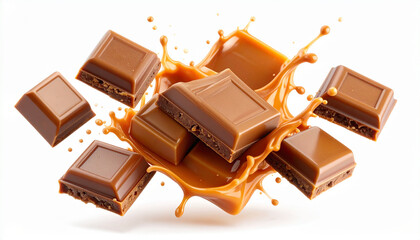 Broken chocolate bar with caramel in air on white background.