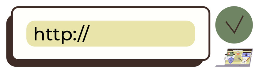 URL input box with highlighted text, a green checkmark icon, and a miniature computer screen. Ideal for web validation, form submission, website security, online success, coding, user interface